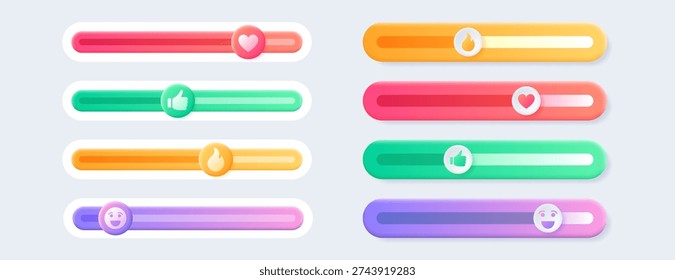 Vector set of colorful reaction sliders, feedback emoticons with happy smile emoji, heart, thumb, fire icons. Customer satisfaction rating scale, scroll bars for website, social media or internet page