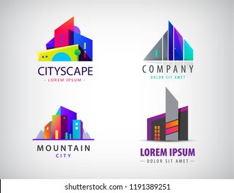 Vector set of colorful real estate logos, city and skyline icons, illustrations. Architect construction concepts