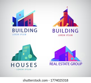 Vector set of colorful real estate logos, city and skyline icons, illustrations. Architect construction concepts, geometric structure 