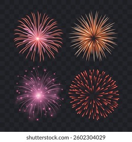 Vector set of colorful realistic bursting firework effects on dark background	- celebration, new year, anniversary design elements
