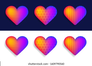 Vector set of colorful realistic Hearts with shadow on dark background. Vector red hearts collection. Set of three realistic hearts with shadows. Romantic Love.