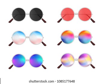 Vector set of colorful realistic sunglasses isolated on a white background. Realistic sunglasses with abstract gradient mesh glass mirrors. Summer sun protection. Summer party