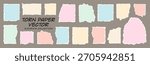 Vector set of colorful, realistic torn paper pieces and ripped note sheets with tear, rip, broken,  cut strip tag effects. Notice page texture, notepad sheets, scraps of notebook page, with torn edges