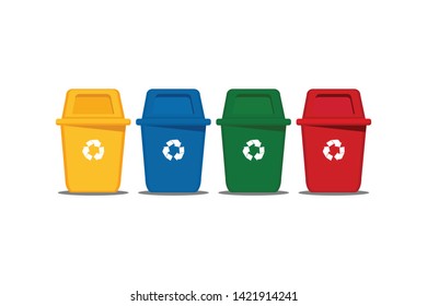vector set of colorful recycle bins isolated on white background, four color bins with recycle waste symbol, front view of four recycle bin plastic, vector.
