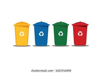 vector set of colorful recycle bins isolated on white background, four color bins with recycle waste symbol, front view of four recycle bin plastic, vector.
