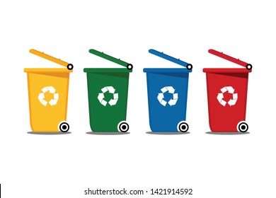 vector set of colorful recycle bins isolated on white background, four color bins with recycle waste symbol, front view of four recycle bin plastic, vector.
