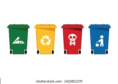 vector set of colorful recycle bins isolated on white background, four color bins with recycle waste symbol