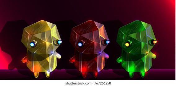 Vector set of colorful red, green, yellow robots; baby monsters on red shiny grim background; monsters elements set for design; cute creatures 
with bright eyes; creepy mechanical statuettes. 
