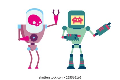 Vector Set  of Colorful Retro Robots clip art illustration