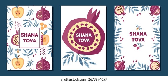 Conjunto vetorial de coloridos cartões postais florais de celebração Rosh Hashanah com romã, maçãs, mel, folhas. Feliz e doce ano novo em hebraico. Conceito de Ano Novo judaico. Ilustração de vetor plano.