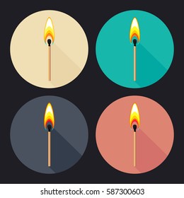 Vector set of colorful round flat icons with burning match on dark background