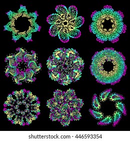 Vector set of colorful round patterns, mandalas. Yoga logos geometric circle element. Decorative floral ornaments. Oriental flourish design