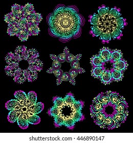 Vector set of colorful round patterns, mandalas. Yoga logos geometric circle element. Decorative floral ornaments. Oriental flourish design