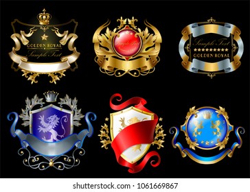 Vector set of colorful royal stickers with crowns, shields, ribbons, lions, stars isolated on black background. Luxurious emblems with heraldic ornament, premium quality labels for brand promotion