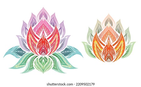 Vector set of colorful sacred lotuses illustration with boho ornament. Collection of violet and orange water lily and green leaves with tribal decoration. Mystical picture for stickers and sublimation