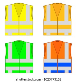Vector Set of Colorful Safety Jackets Isolated on White Background. Protective Workwear for Work. Road Vests with Stripes. Professional High-visibility Clothes