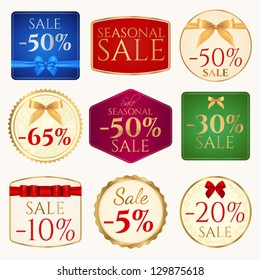 Vector set: Colorful Sale banner (coupon or tag) template with border and bow (ribbons). Design usable for sale coupon, sale tag, ticket etc. Corrugated background