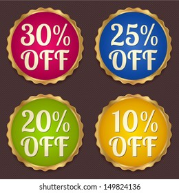 Vector set: Colorful Sale banners, labels (coupon, discount tag) template (layout) with gold frame (border). Bright design for sticker, web page ad, ticket etc. Corrugated background