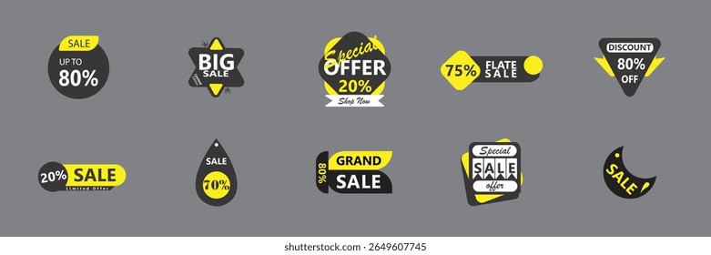 Vetor conjunto de etiquetas de venda coloridas, etiquetas de desconto e adesivos de oferta especial, descontos especiais. Perfeito para publicidade, promoções de e-commerce, banners, etiquetas de preço e designs de marketing sazonal.