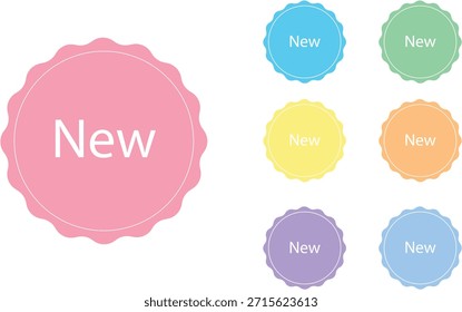 Vector set of colorful scalloped circle stickers with the text "New." Modern collection of pastel-colored marketing badges, promotional product labels, and e-commerce seal icons isolated on a white background for retail web design and advertising.