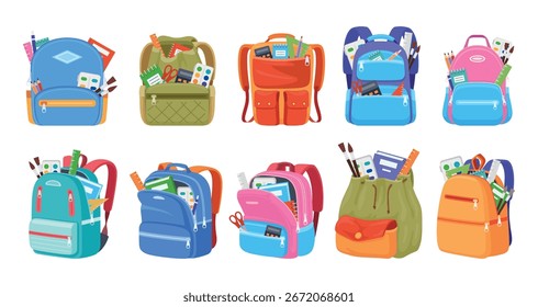 Conjunto de Vector de mochilas escolares llenas de útiles escolares, perfecto para estudiantes y actividades en el aula.