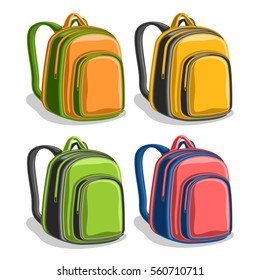 Vector set colorful school Backpacks, orange boys student back bag with handle, yellow sports big rucksack with pocket, green youth hiking backpack for travel, red trendy knapsack with straps for kids