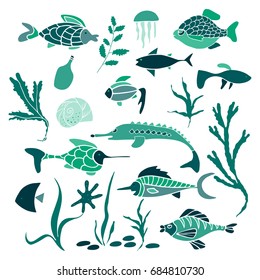 Vector set of colorful sea creatures. Hand drawn illustration. Elements for design.