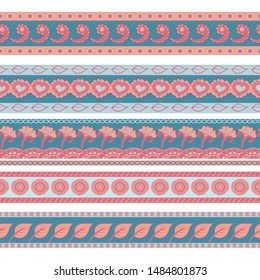 Vector set of colorful seamless borders . Ethnic indian kalamkari ornament. Ornamental folk design in oriental style. Paisley and floral motifs