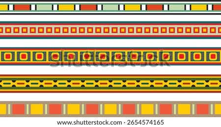 Vector set of colorful seamless Egyptian borders. Endless Ornaments of Ancient Egypt. Geometric African frame.
