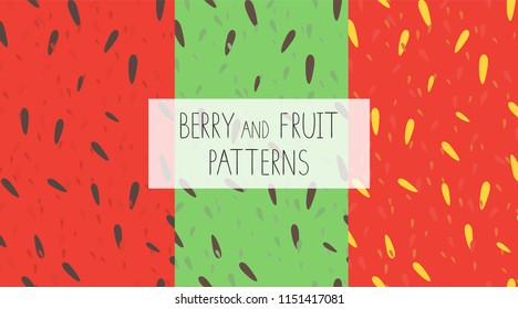 Vector set of colorful seamless patterns with watermelon, kiwi and strawberry pulp. Bright repeat backdrops for natural organic food design
