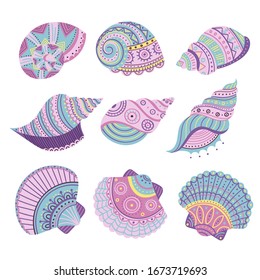 Vector set of colorful seashells in ethnic boho style with tribal ornaments. Can be used as a template for your design, stickers, icons, logo, apparel. 