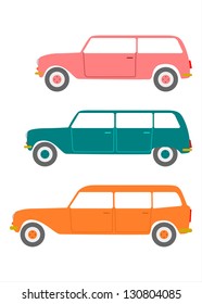 Vector. A set of colorful silhouettes estate car in retro style on a white background.