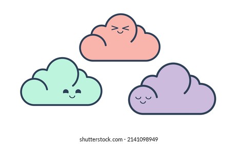 Vector set of colorful simple clouds characters on a white background. Isolated flat illustrations collection. Different emotions