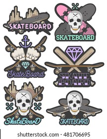 Vector set of colorful skateboard emblems. Isolated badges, labels or logos in vintage style with boards, skulls, crystals and bats