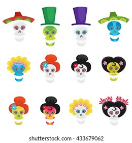 Vector set with colorful skulls for day of the dead isolated on white. Sugar skulls for mexican day of the dead. Cute skulls and flowers in a cartoon style. Halloween skulls.