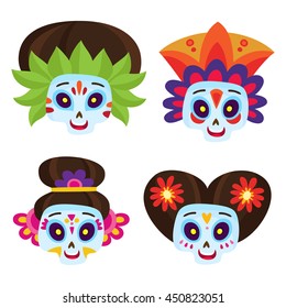 Vector set with colorful skulls for day of the dead isolated on white. Sugar skulls for mexican day of the dead. Cute skulls and flowers in a cartoon style. Halloween skulls.