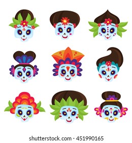 Vector set with colorful skulls for day of the dead isolated on white. Sugar skulls for mexican day of the dead. Cute skulls and flowers in a cartoon style. Halloween skulls.