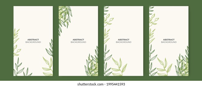 Vector set of colorful social media post and stories design templates, backgrounds with copy space for text. Summer background with leaves and waves. Universal creative organic boho background