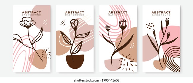 Vector set of colorful social media post and stories design templates, backgrounds with copy space for text. Summer background with leaves and waves. Universal creative organic boho background
