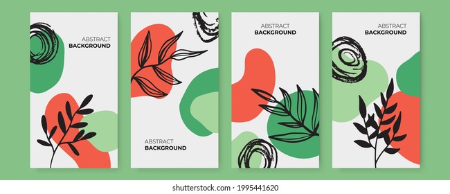 Vector set of colorful social media post and stories design templates, backgrounds with copy space for text. Summer background with leaves and waves. Universal creative organic boho background
