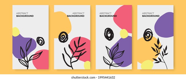 Vector set of colorful social media post and stories design templates, backgrounds with copy space for text. Summer background with leaves and waves. Universal creative organic boho background