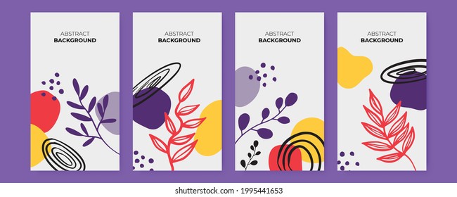 Vector set of colorful social media post and stories design templates, backgrounds with copy space for text. Summer background with leaves and waves. Universal creative organic boho background