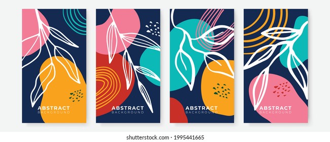 Vector set of colorful social media post and stories design templates, backgrounds with copy space for text. Summer background with leaves and waves. Universal creative organic boho background