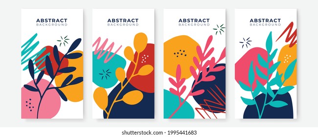 Vector set of colorful social media post and stories design templates, backgrounds with copy space for text. Summer background with leaves and waves. Universal creative organic boho background