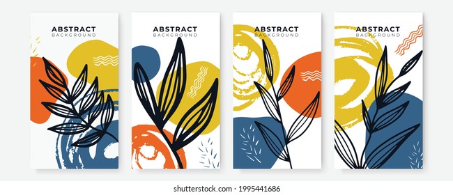 Vector set of colorful social media post and stories design templates, backgrounds with copy space for text. Summer background with leaves and waves. Universal creative organic boho background