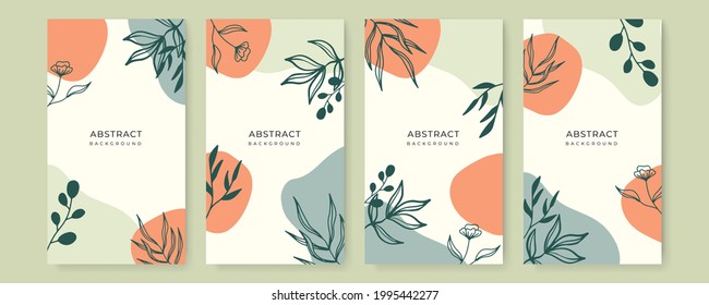 Conjunto de vectores de coloridas publicaciones en medios sociales y plantillas de diseño de historias, fondos con espacio para copiar texto. Fondo de verano con hojas y olas. Fondo universal de boho orgánico creativo