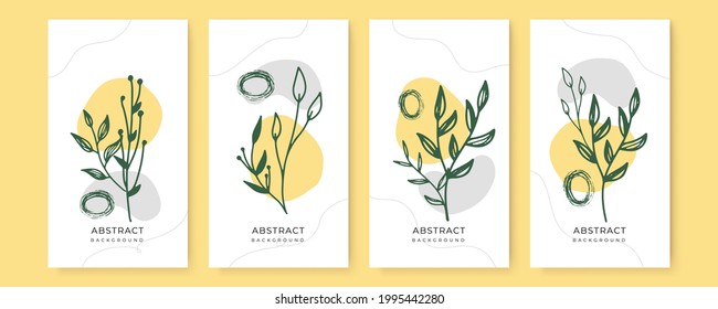 Conjunto de vectores de coloridas publicaciones en medios sociales y plantillas de diseño de historias, fondos con espacio para copiar texto. Fondo de verano con hojas y olas. Fondo universal de boho orgánico creativo