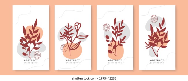 Vector set of colorful social media post and stories design templates, backgrounds with copy space for text. Summer background with leaves and waves. Universal creative organic boho background