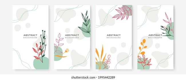 Conjunto de vectores de coloridas publicaciones en medios sociales y plantillas de diseño de historias, fondos con espacio para copiar texto. Fondo de verano con hojas y olas. Fondo universal de boho orgánico creativo