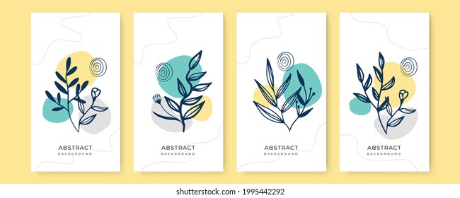 Vector set of colorful social media post and stories design templates, backgrounds with copy space for text. Summer background with leaves and waves. Universal creative organic boho background